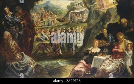 Créé vers 1594 par l'atelier de Jacopo Tintoretto, ce tableau représente la scène biblique du culte du veau d'or. L'œuvre met l'accent sur les figures humaines, les gestes, la composition, les objets symboliques et le récit religieux typique de la peinture vénitienne de la fin du XVIe siècle. Banque D'Images