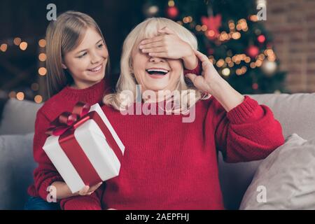 Close-up portrait of attractive cheerful doux gentil petit-enfant gai fermer les yeux de mamie donner cadeau surprise félicitations à décoré Banque D'Images