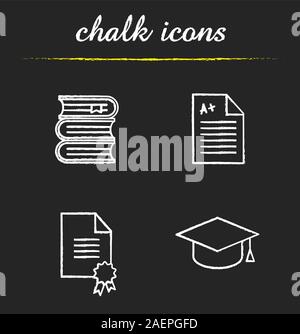 Chalk haute éducation icons set. Student's graduation hat, diplôme, tester avec une excellente marque, pile de livres. Illustrations vectorielles chalkboard Illustration de Vecteur