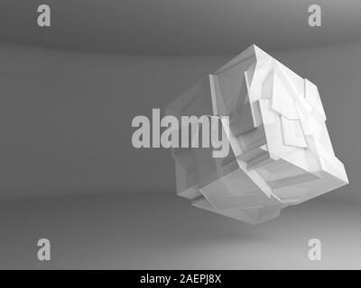 Abstract white flying cube cristal objet avec la fragmentation est chaotique dans un vide intérieur gris, rendu 3d illustration Banque D'Images