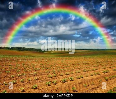 Dans le domaine de l'arc-en-ciel ciel pittoresque. sur un terrain vallonné après un orage. Banque D'Images