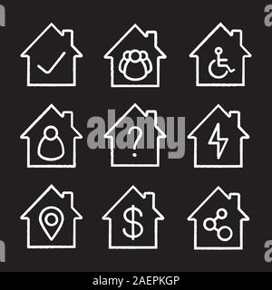 Chalk maisons icons set. Accueil bâtiments avec tick et point d'interrogation, de personnes, de fauteuil roulant, la foudre, la carte localiser, dollar, de la connexion réseau. Isol Illustration de Vecteur