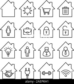 Linéaire maisons icons set. Fine ligne contour des symboles. Accueil bâtiments avec soleil, panier, corbeille, homme et femme, porte-documents à l'intérieur. Vec isolés Illustration de Vecteur