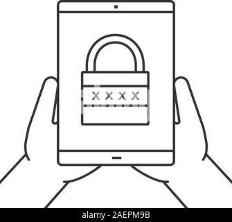 Hands holding tablet ordinateur icône linéaire. La cyber-sécurité. Fine ligne illustration. Ordinateur tablette avec cadenas fermé. Symbole de contour. Isoler le vecteur Illustration de Vecteur