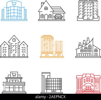 Des bâtiments de la ville icons set linéaire. Les centres commerciaux, centre d'affaires, chalet, hôtel de ville, une usine industrielle, hôtel, bâtiment de plusieurs étages. Fine ligne cont Illustration de Vecteur