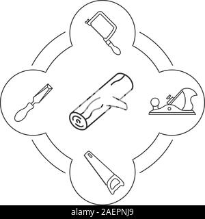 Outils de travail du bois icônes linéaire définie. L'exploitation forestière. Scie à main, scie sauteuse, ciseau, jack avion. Illustrations vectorielles Illustration de Vecteur