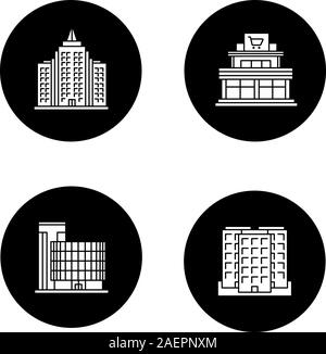 Des bâtiments de la ville glyphe icons set. Shopping Mall, centre d'affaires, gratte-ciel, de plusieurs étages. Vector silhouettes blanches illustrations en noir de cir Illustration de Vecteur