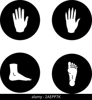 Les parties du corps humain glyphe icons set. Homme et femme les mains, les pieds. Vector silhouettes blanc illustrations de cercles noirs Illustration de Vecteur