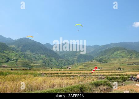 Le parapente survole les champs de terrasses de riz vert, brun, jaune et doré de la vallée du Tu le, nord-ouest du Vietnam Banque D'Images