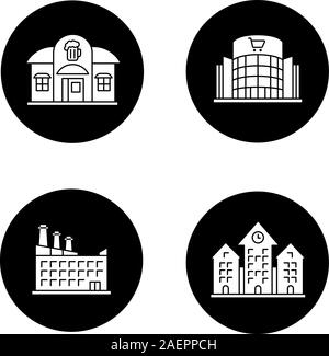 Des bâtiments de la ville glyphe icons set. Pub, centre commercial, hôtel, hôtel de ville. Vector silhouettes blanc illustrations de cercles noirs Illustration de Vecteur