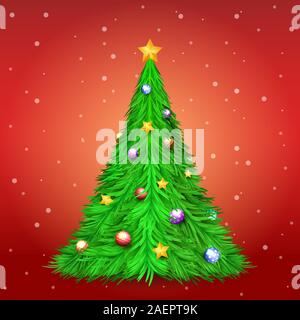Décoration arbre de Noël avec ballon et étoiles sur fond rouge avec la neige. Joyeux Noël et Bonne Année Maison de fond. Illustration de Vecteur