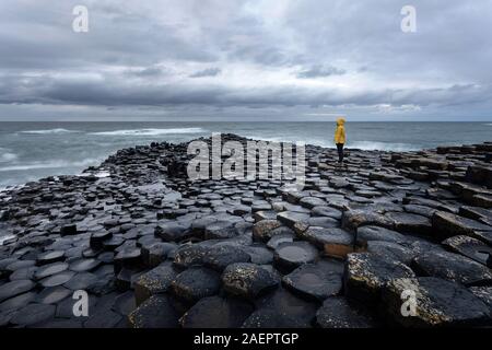 Femme debout sur le roc des colonnes à Giant's Causeway, co Antrim, en Irlande du Nord Banque D'Images