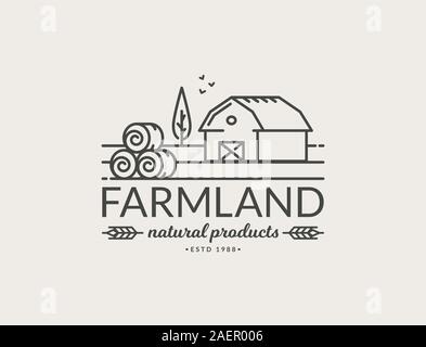 Logo ferme isolé sur fond blanc. Ligne noire emblème avec ferme et bottes de foin pour les produits naturels et bio. Contours vecteur symbole. Illustration de Vecteur