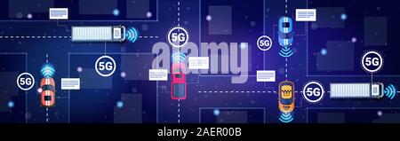 Voitures différentes sur la circulation routière 5G sans fil en ligne connexion des systèmes innovants de nouvelle génération concept cinquième internet haute vitesse dans les rues de la ville, avec des bâtiments d'angle horizontal haut vue vector illustration Illustration de Vecteur