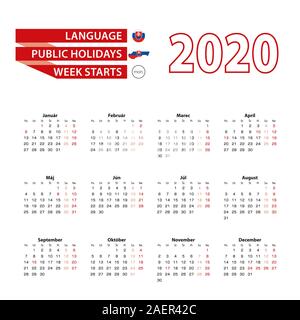 Calendrier 2020 en langue slovaque avec les jours fériés du pays de la Slovaquie en 2020. De début de la semaine à partir de lundi. Vector Illustration. Illustration de Vecteur