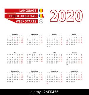 Calendrier 2020 en langue roumaine avec les jours fériés du pays de la Roumanie en 2020. De début de la semaine à partir de lundi. Vector Illustration. Illustration de Vecteur