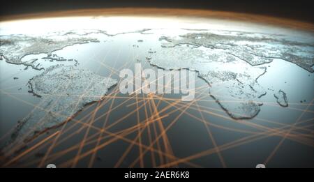 La mondialisation, l'avenir de la technologie numérique. Connexions et le cloud computing dans le monde virtuel. Carte du monde avec les connexions de données par satellite. C Banque D'Images