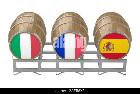 Trois barriques de vin avec les drapeaux des pays producteurs. Le rendu 3D Banque D'Images