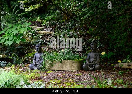 Statues de Bouddha,contempler, calme, de l'Asie Pacifique,jardin,Kilravock woodland gardens, West Cork Garden Trail,Durrus,Comté de Cork,Floral RM Banque D'Images