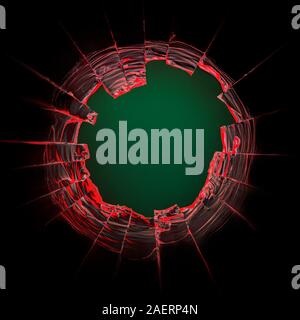 Fissures dans le verre sous la forme d'une araignée. sur fond noir. Lignes de rouge et blanc. Un gros trou au milieu couleur verte. macro photographie Banque D'Images