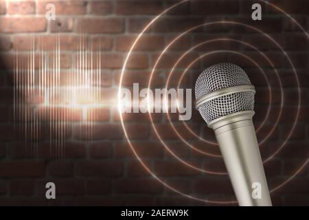 Microphone sur un mur arrière-plan. Le concept du microphone avec du son. Banque D'Images