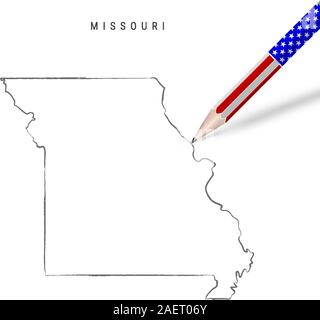 Nous Missouri State carte vectorielle esquisse au crayon. Les grandes lignes du Missouri avec carte contour crayon 3D en couleurs drapeau américain. Vecteur de dessin à main levée, à la main s Illustration de Vecteur