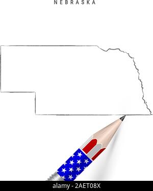 Nous Nebraska state carte vectorielle esquisse au crayon. Nebraska contours 3D avec carte de contour au crayon couleurs drapeau américain. Vecteur de dessin à main levée, à la main s Illustration de Vecteur