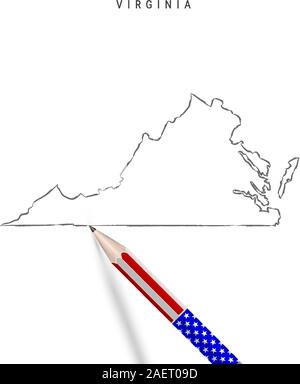 Nous Virginia State carte vectorielle esquisse au crayon. Carte de contour CONTOUR Virginie avec crayon 3D en couleurs drapeau américain. Vecteur de dessin à main levée, à la main s Illustration de Vecteur