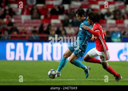 10 décembre 2019, Lisbonne, Portugal : Sardar Azmoun de FC Zenit (L) rivalise avec Tomas Tavares de SL Benfica lors de la Ligue des Champions, Groupe G, match de football entre SL Benfica et le FC Zenit au stade de la Luz à Lisbonne, Portugal, le 10 décembre 2019. (Crédit Image : © Pedro Fiuza/Zuma sur le fil) Banque D'Images