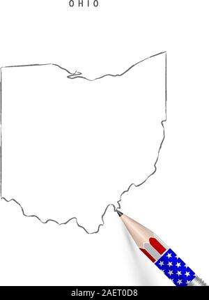 Nous l'Ohio State carte vectorielle esquisse au crayon. Aperçu de l'Ohio avec la carte contour crayon 3D en couleurs drapeau américain. Dessin vectoriel Freehand, sketch est dessiné à la main Illustration de Vecteur