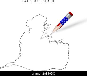 Le lac Sainte-Claire carte vectorielle esquisse au crayon. Le lac Sainte-Claire contour contour map 3D avec crayon en couleurs drapeau américain. Dessin vectoriel Freehand, dessiner à main Illustration de Vecteur
