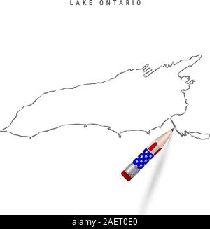 Le lac Ontario carte vectorielle esquisse au crayon. Le lac Ontario carte contour contour 3D avec crayon en couleurs drapeau américain. Dessin vectoriel Freehand, hand drawn sk Illustration de Vecteur