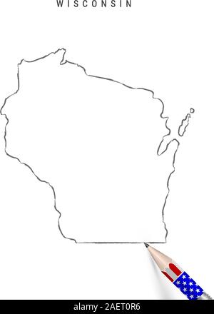 Nous Wisconsin State carte vectorielle esquisse au crayon. Les grandes lignes du Wisconsin avec carte contour crayon 3D en couleurs drapeau américain. Dessin vectoriel Freehand, hand drawn Illustration de Vecteur