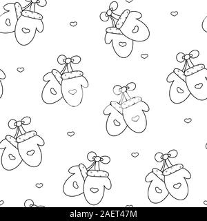 Des mitaines. Modèle sans couture de Noël. Coeur d'hiver poster dessiné à la main. Noir blanc décembre Vector illustration. Livre à colorier pour l'art, du papier d'emballage Illustration de Vecteur