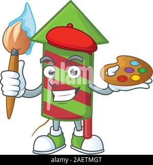 Rayé vert joyeux personnage peintre fusée d'artifice avec brosse Illustration de Vecteur