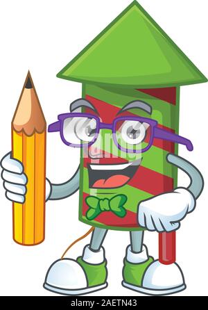 Smart Cool rayé vert étudiant fusée d'artifice character holding pencil Illustration de Vecteur