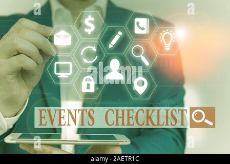 Signe Texte Affichage des événements Liste de contrôle. Photo d'affaires précieux outil de texte analysisaging avec succès vos événements Banque D'Images