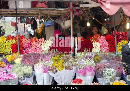 Un vendeur vend des fleurs sur son étal sur un marché aux fleurs à Hanoi, Vietnam Banque D'Images