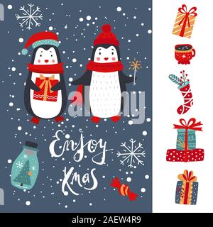 Carte de Nouvel An avec l'inscription profiter de Noël, avec une paire de pingouins, des cadeaux, des flocons de neige. Vector Illustration de Vecteur