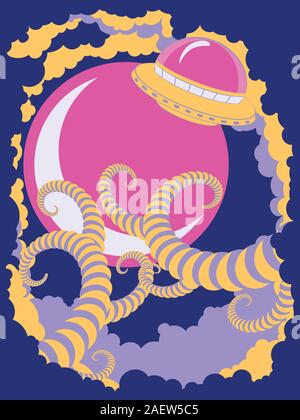 Résumé flying ufo ship vintage poster design, illustration de la soucoupe volante. Illustration de Vecteur