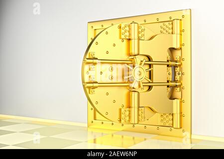 Vue avant de la lumière or bank vault, porte ouverte. La porte de la chambre forte avec beaucoup de mécanismes secrets et mots de passe. 3D Render Banque D'Images