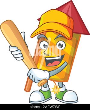 Smiling Funny cartoon fusée d'artifice jaune mascot jouer au baseball Illustration de Vecteur