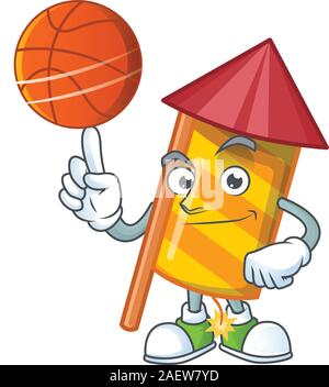 Mascotte de fusée d'artifice jaune style de caractère de dessin animé avec le basket-ball Illustration de Vecteur