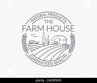 Logo de ferme isolé sur fond blanc. Emblème de la ligne noire avec ferme, vaches et oreilles de blé. Badge vectoriel pour produits naturels et biologiques. Illustration de Vecteur