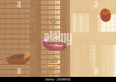 L'avenir autonome des véhicules électriques en ville Coucher du soleil 3D Illustration Banque D'Images