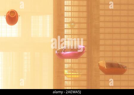 L'avenir autonome des véhicules électriques en ville Coucher du soleil 3D Illustration Banque D'Images