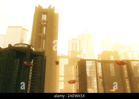 L'avenir autonome des véhicules électriques en ville Coucher du soleil 3D Illustration Banque D'Images