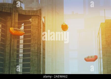 L'avenir autonome des véhicules électriques en ville Coucher du soleil 3D Illustration Banque D'Images