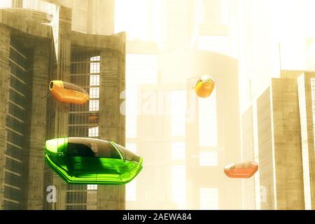 L'avenir autonome des véhicules électriques en ville Coucher du soleil 3D Illustration Banque D'Images