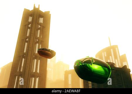 L'avenir autonome des véhicules électriques en ville Coucher du soleil 3D Illustration Banque D'Images